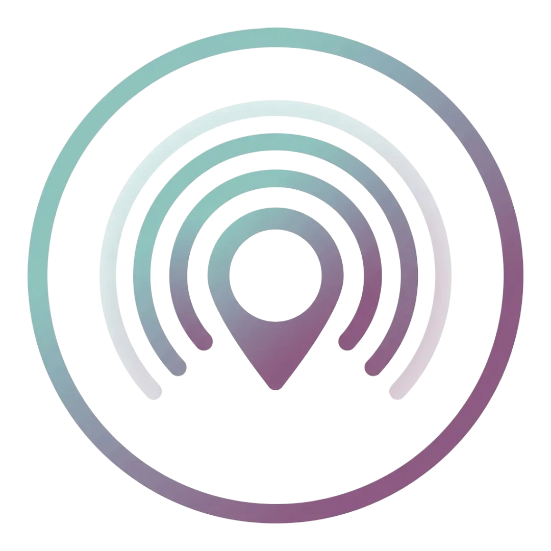 Icon of a location pin radiating concentric signal waves within a ring, in a teal-to-purple gradient, representing researchers finding science communication events