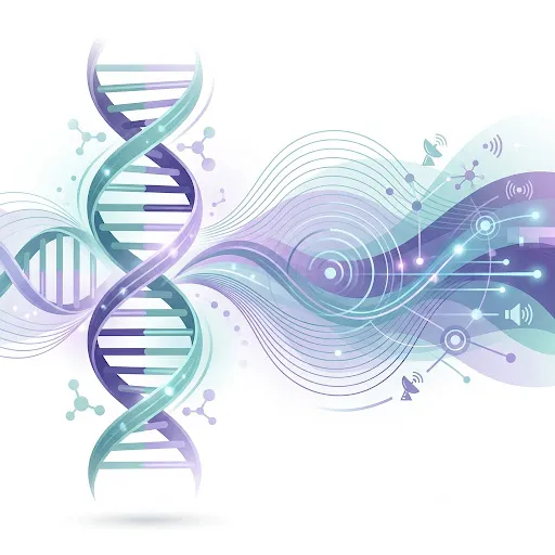 Abstract illustration of a DNA helix transforming into a digital communication signal